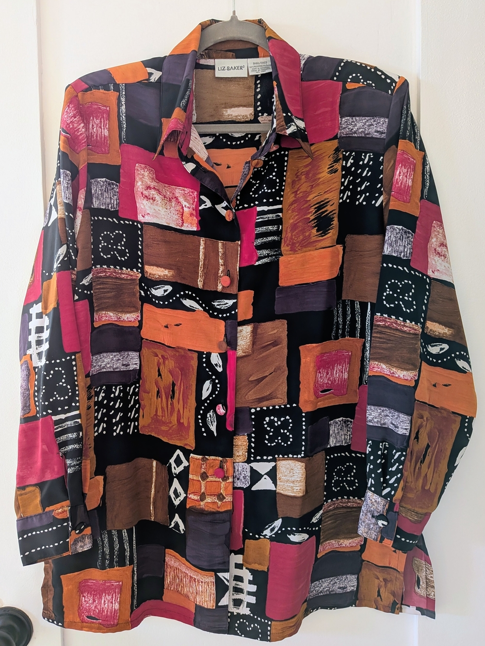 Liz Baker Black Button-Up Shirt with Multicolor Abstract Blocks